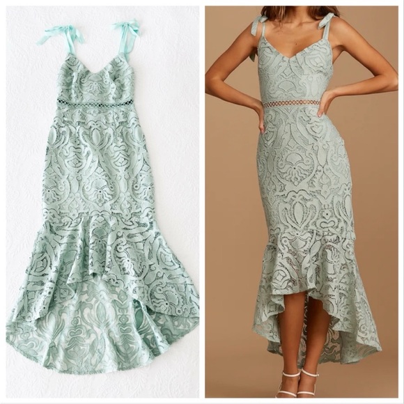 NWOT Lulus Won Your Heart Sage Green Lace Tie-Strap High-Low Midi Dress Small - Picture 1 of 8